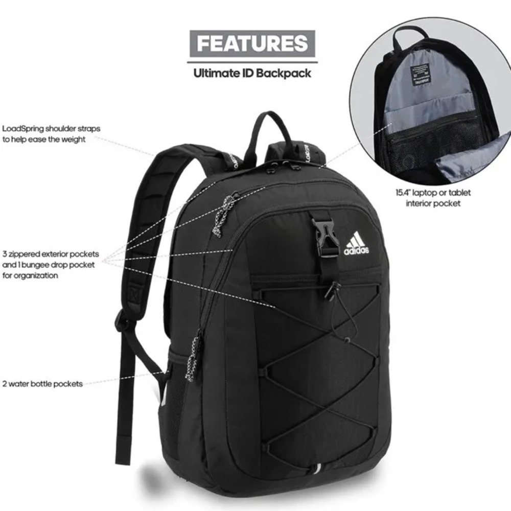 Adidas Ultimate ID Backpack Black School College Travel Bag Lifetime Warranty